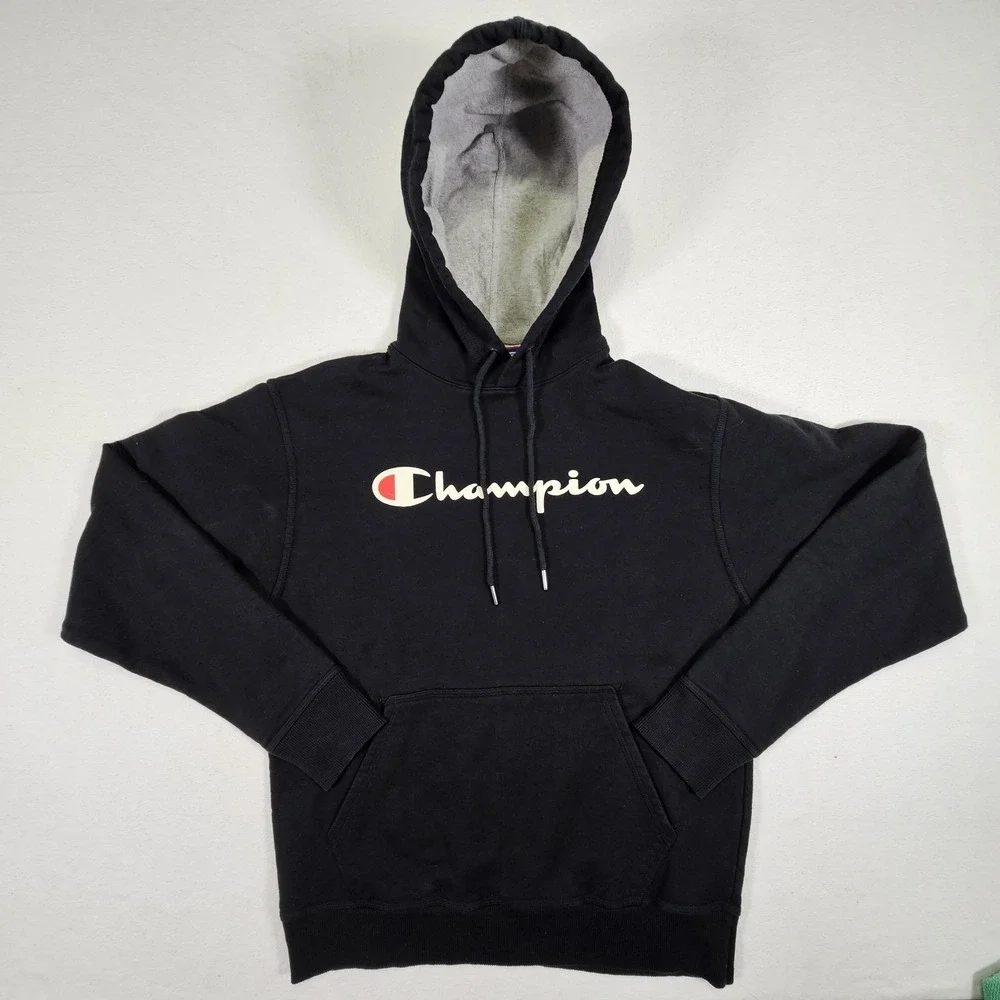 Champion Hoodie Powerblend Mens Medium M Script‎ Logo Black GF89H Fleece